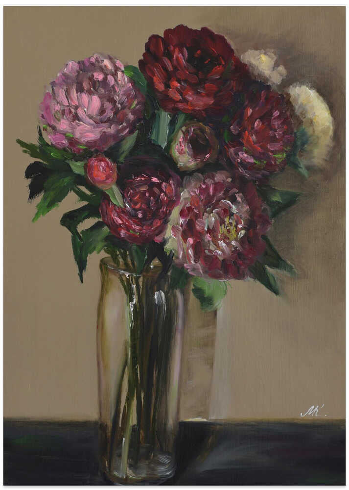 Dark Red Peonies in Glass Vase - Moody Floral Oil Painting - Art Print by Marina Kozyr