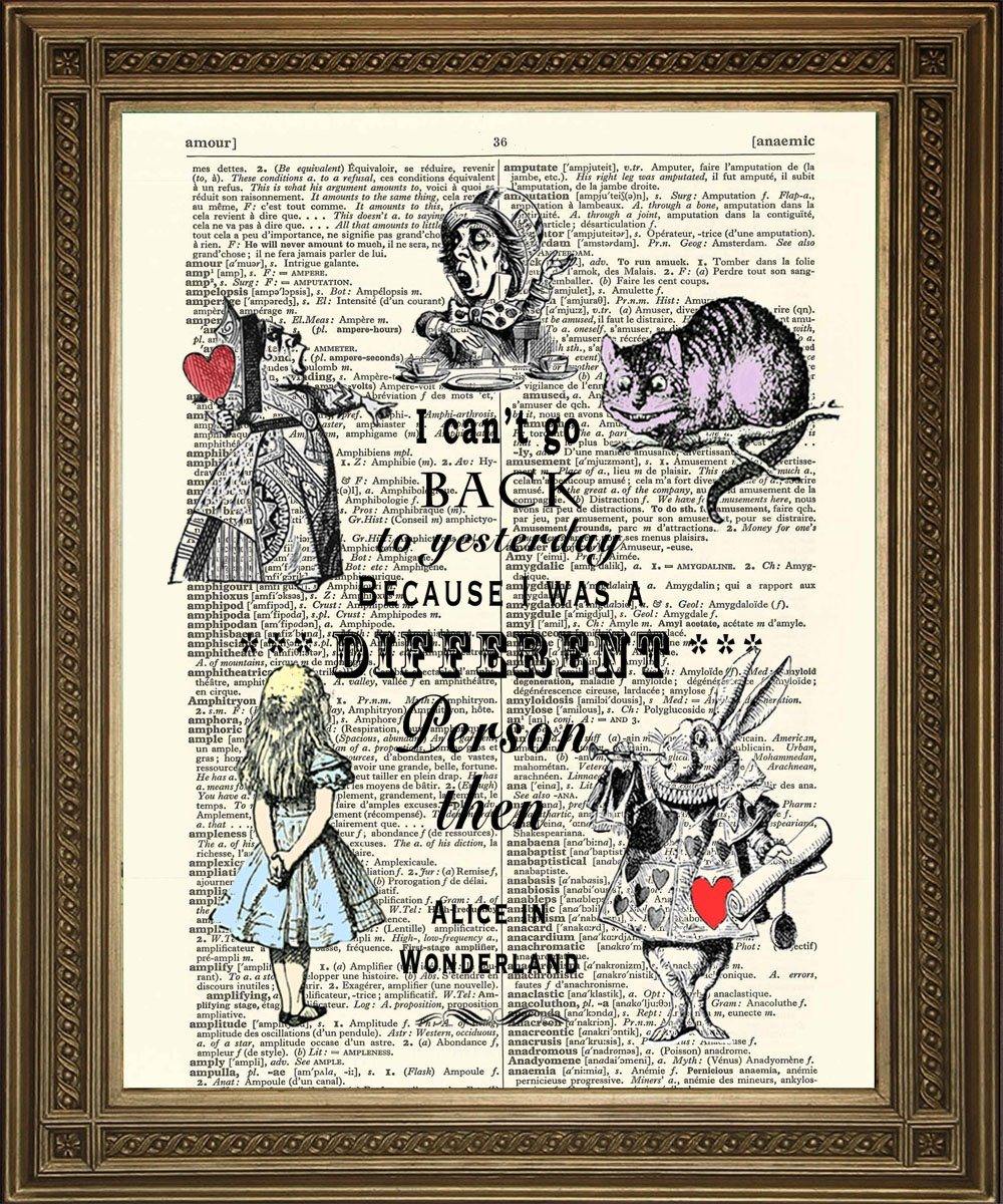 Original Antique Dictionary Book Page Art Print – Tattooed Alice In Wonderland, Vintage Wall Decor