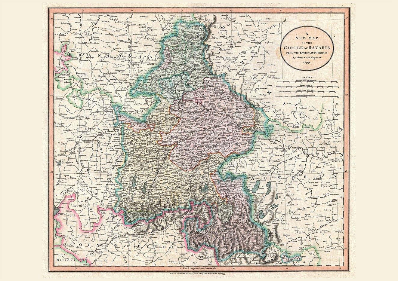 BAVARIAN MAP: Vintage German Reproduction Art Print - Pimlico Prints
