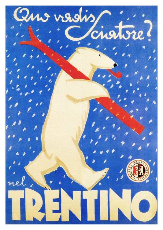 BEAR SKIING POSTER: Vintage Trentino Blue Ski Travel Print - Pimlico Prints