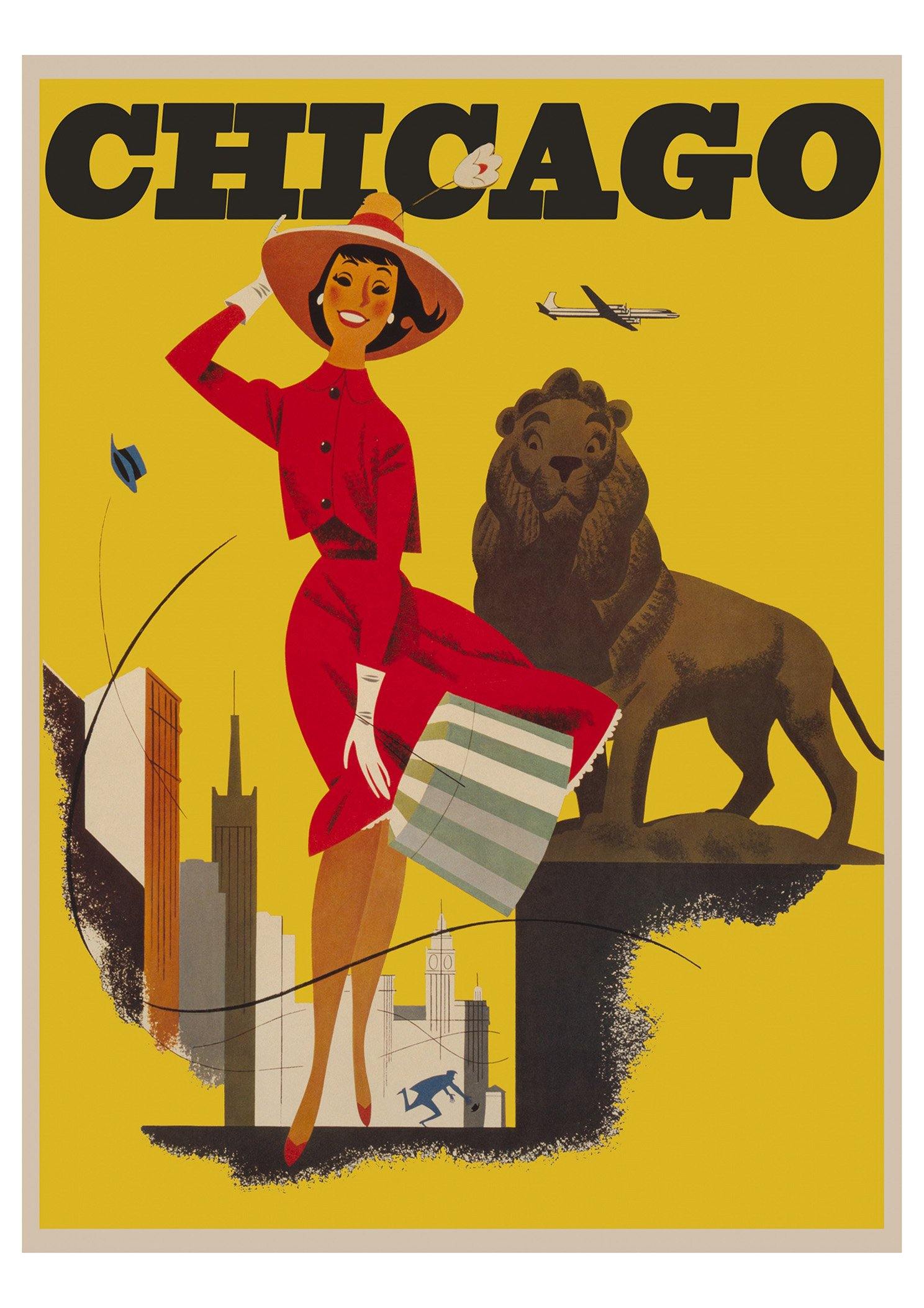 CHICAGO POSTER: Vintage Woman with Lion Yellow Travel Advert - Pimlico Prints