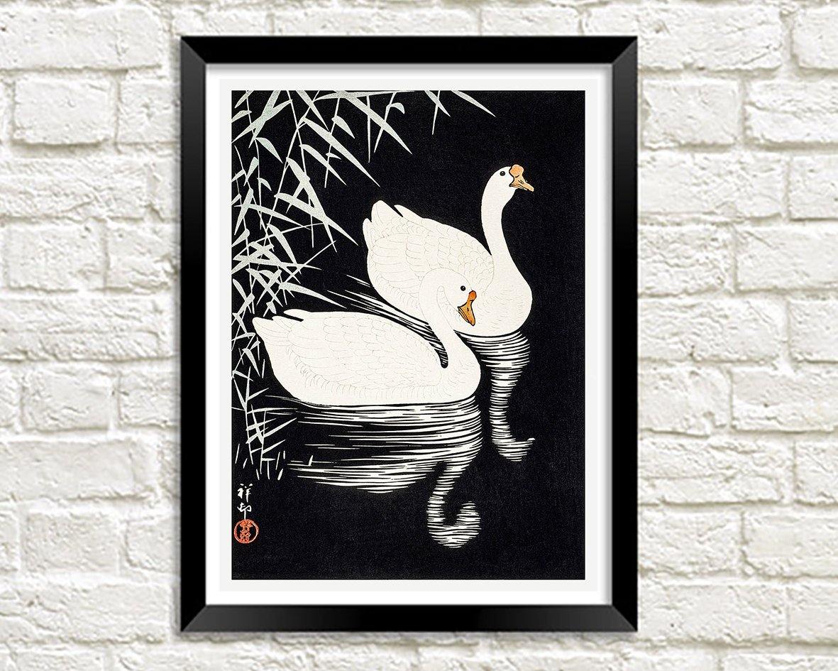 WHITE GEESE ART PRINT: Vintage Chinese Birds Illustration - Pimlico Prints