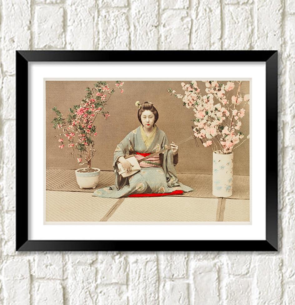 GEISHA ART PRINT: Vintage Japanese Geisha Playing Samisen Artwork - Pimlico Prints