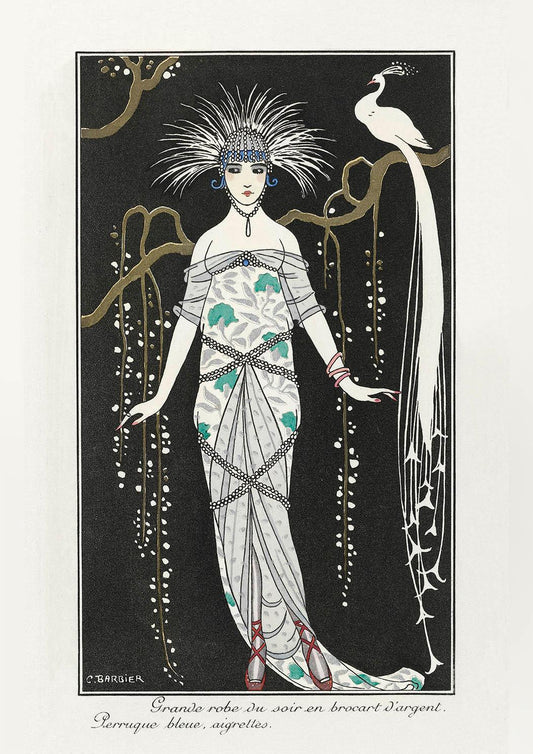 GEORGE BARBIER PRINT: Grande Robe du Soir with White Peacock - Pimlico Prints