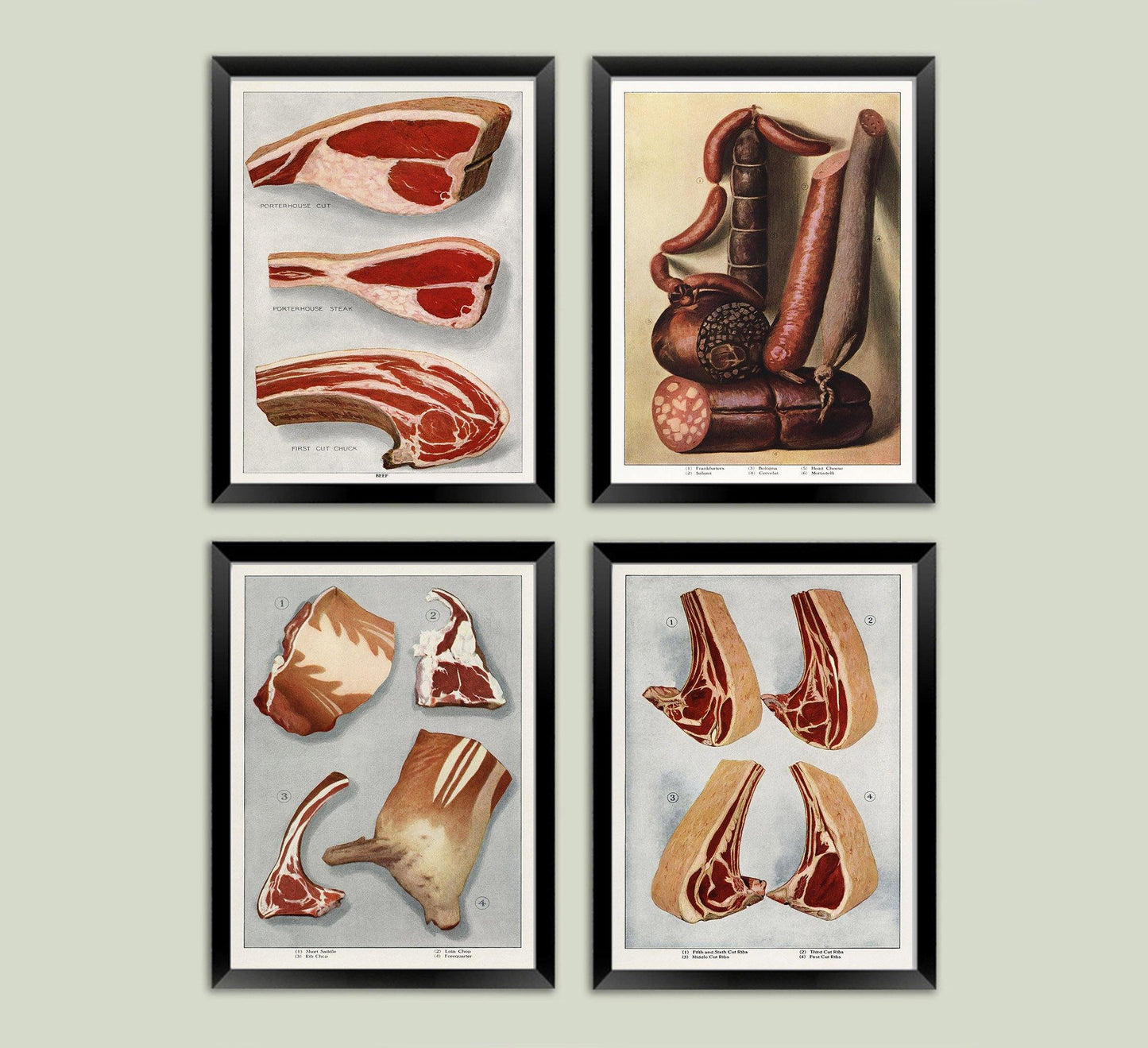 BUTCHER POSTERS: Grocer's Encylopedia Sausage and Steaks Meat Art Prints - Pimlico Prints