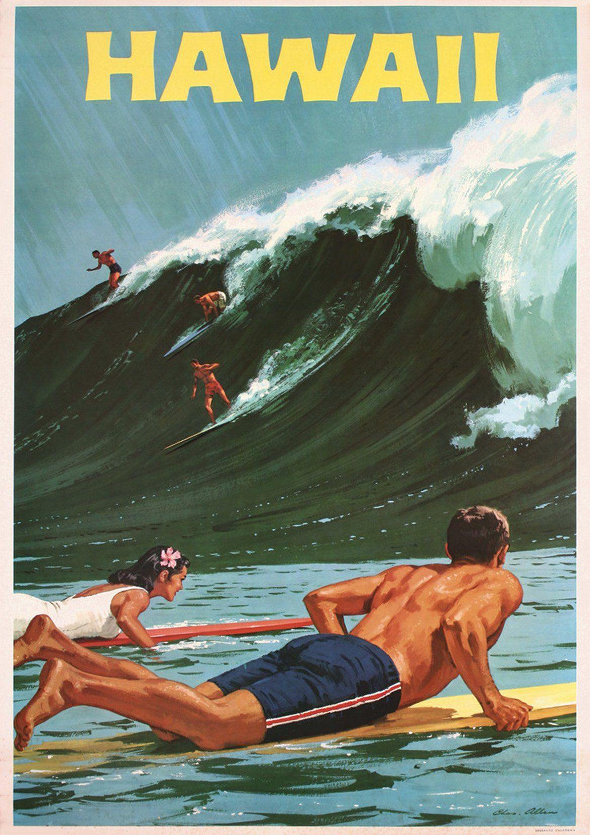 HAWAIIAN SURFING POSTER: Vintage Green Sea Travel Print - Pimlico Prints