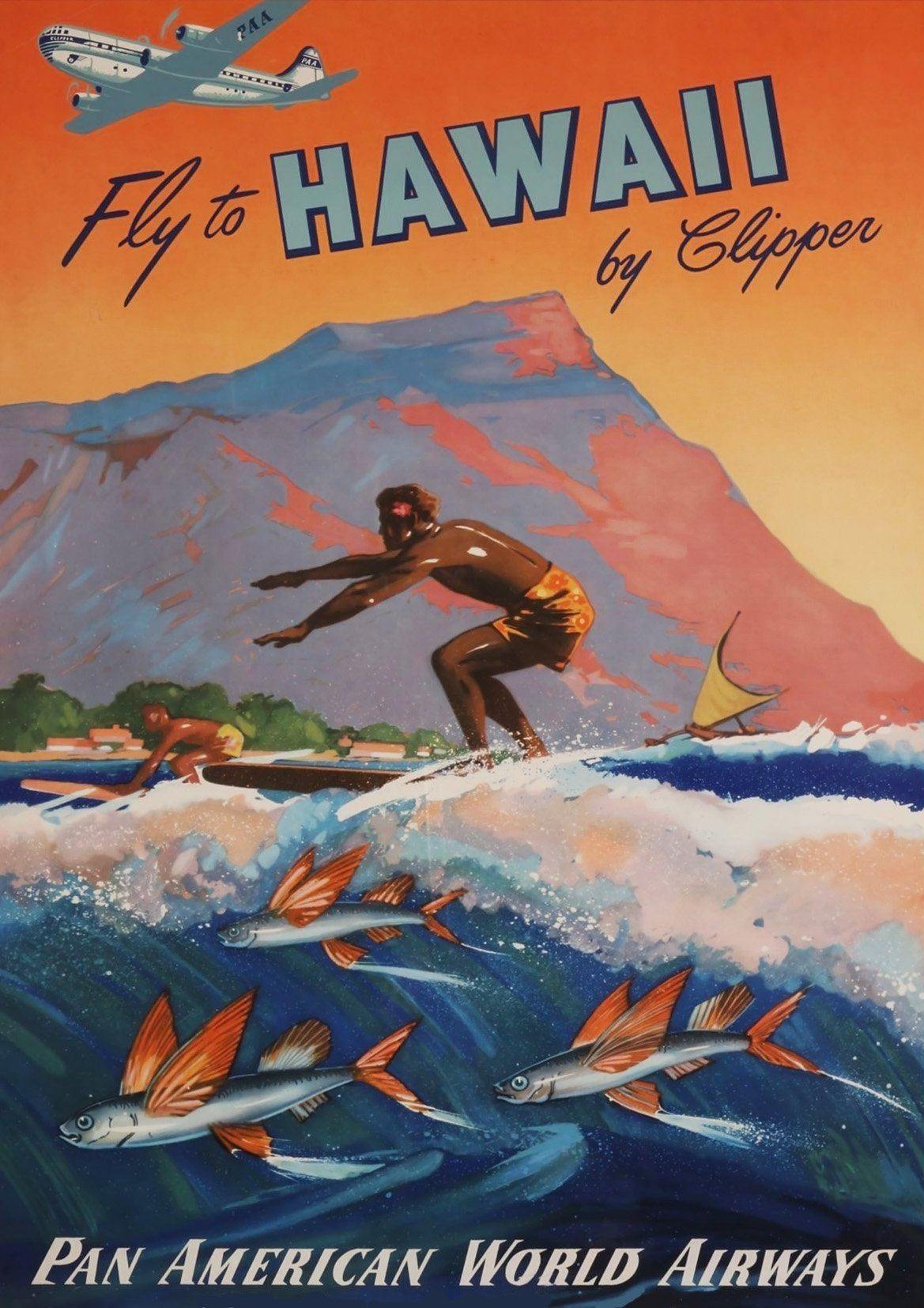 HAWAII SURF POSTER: Vintage Clipper Travel Advert - Pimlico Prints