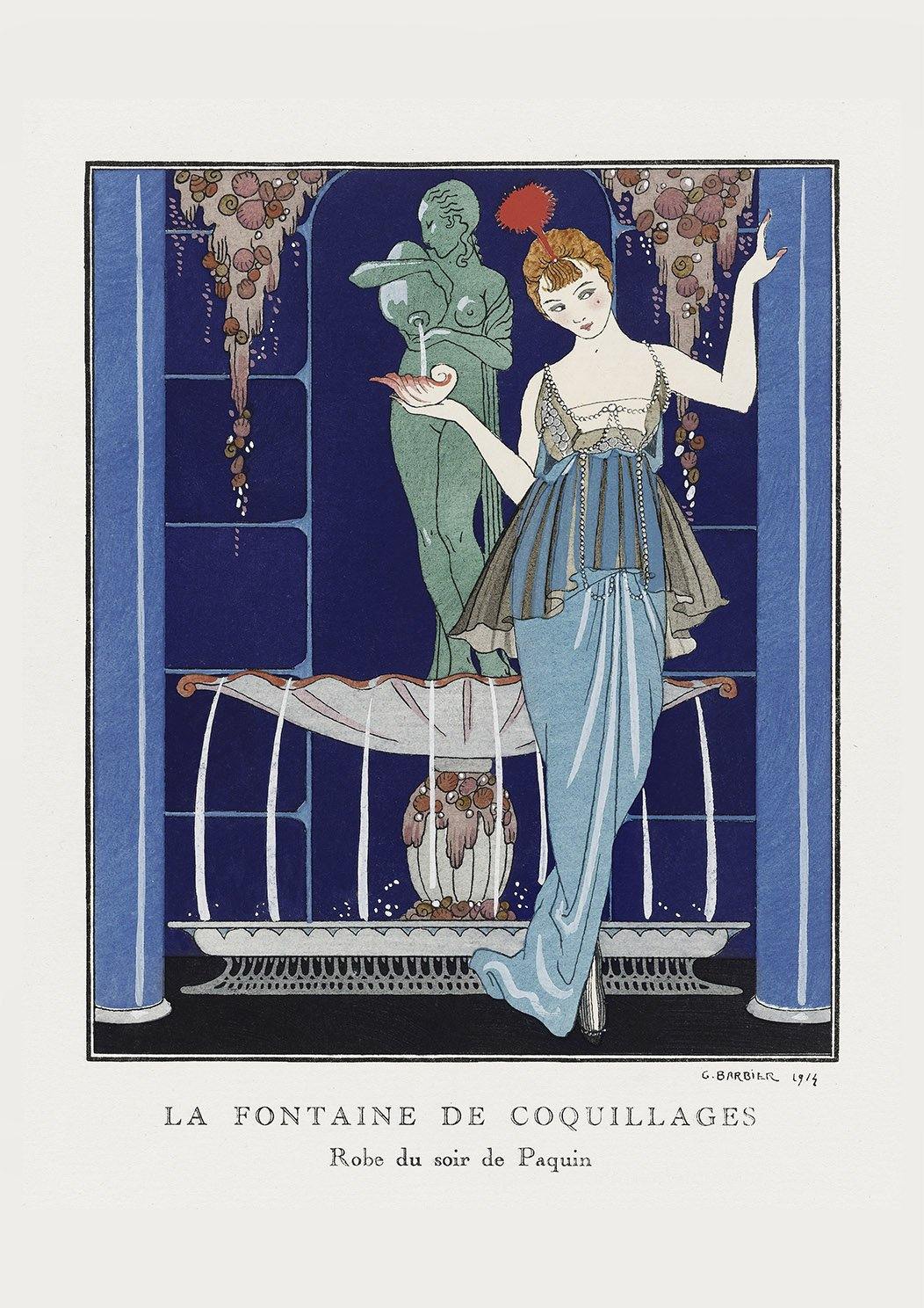 GEORGE BARBIER PRINT: La Fontaine de Coquillages with Paquin Dress - Pimlico Prints