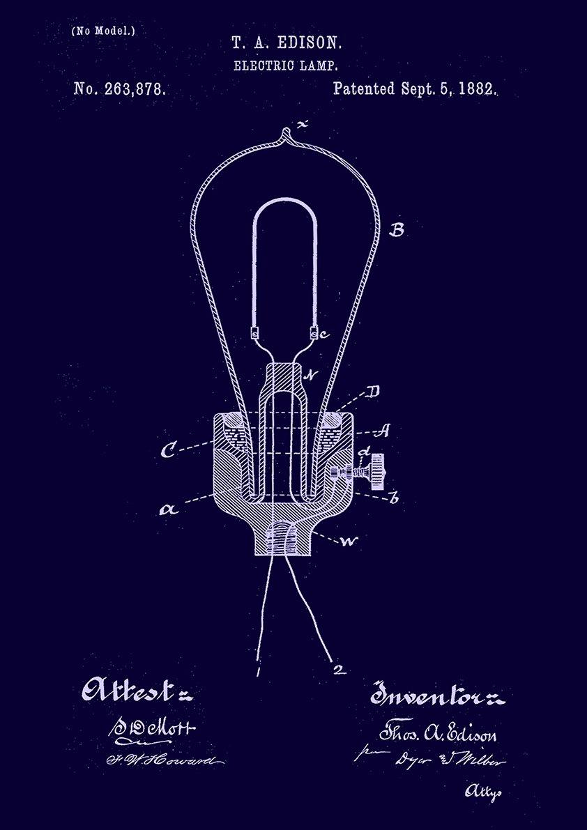 LIGHTBULB PRINT: Edison Patent Blueprint Artwork - Pimlico Prints
