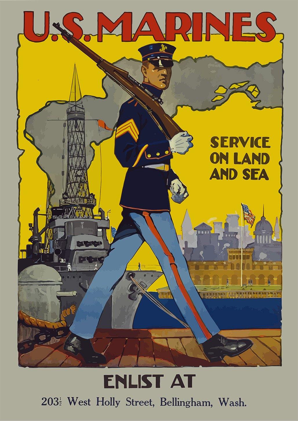 U.S. MARINES POSTER: Vintage Soldier Recruitment Enlist Art Print - Pimlico Prints