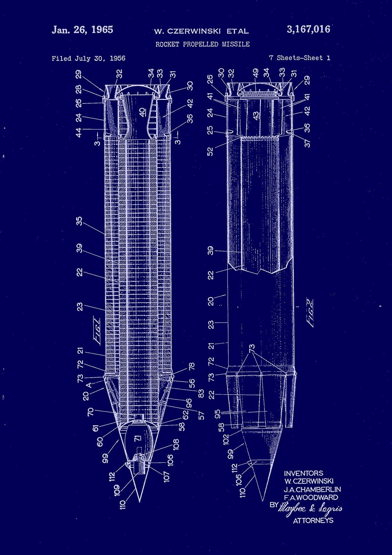 MISSILE ROCKET PRINTS: Patent Blueprint Artwork - Pimlico Prints