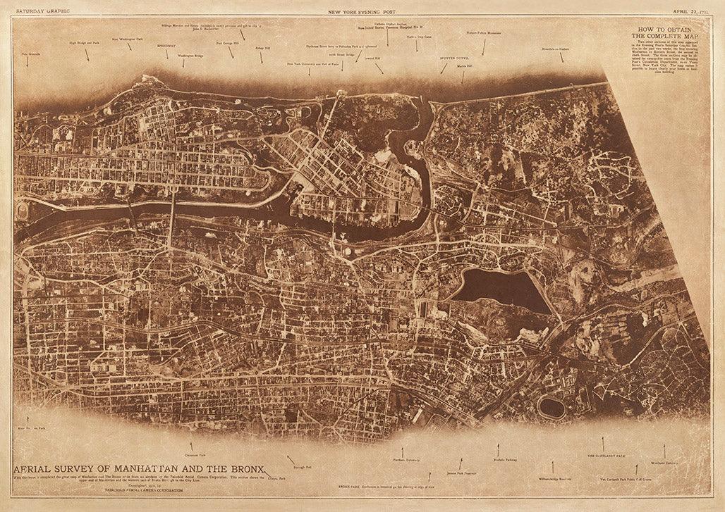 NEW YORK AERIAL SURVEY: Vintage Manhattan Bronx City Map Print - Pimlico Prints