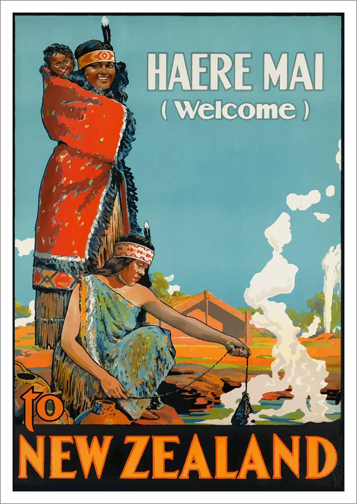 MAORI WELCOME POSTER: Vintage New Zealand Haere Mai Travel Print - Pimlico Prints