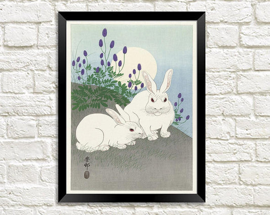 RABBIT ART PRINT: Vintage White Rabbits Illustration by Ohara Koson - Pimlico Prints