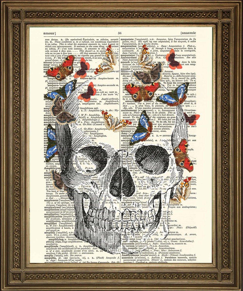 SKULL WITH BUTTERFLIES ART: Vintage Dictionary Print - Pimlico Prints