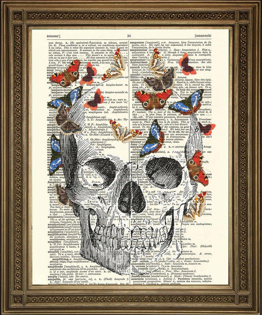 SKULL WITH BUTTERFLIES ART: Vintage Dictionary Print - Pimlico Prints