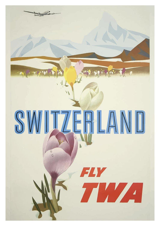 SWITZERLAND TRAVEL POSTER: Vintage Snowy Mountains with Flowers Airline Print - Pimlico Prints