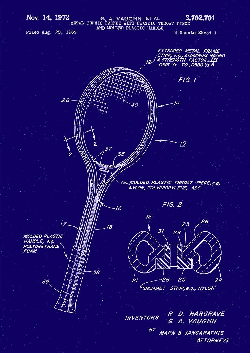 TENNIS RACKET PATENT PRINT: Sport Blueprint Artwork – Pimlico Prints