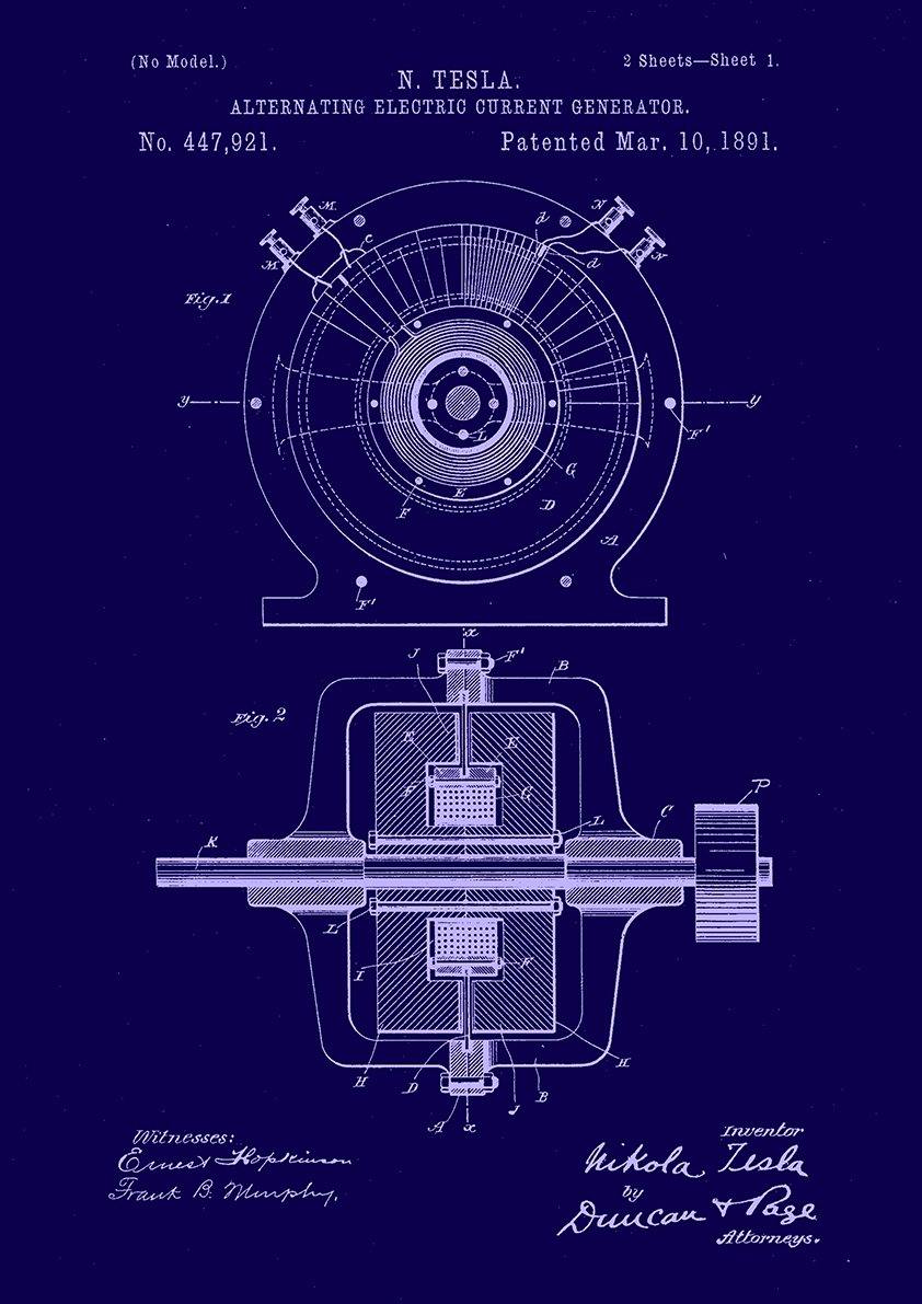 NIKOLA TESLA PATENT PRINT: Electric Motor Blueprint Artwork - Pimlico Prints