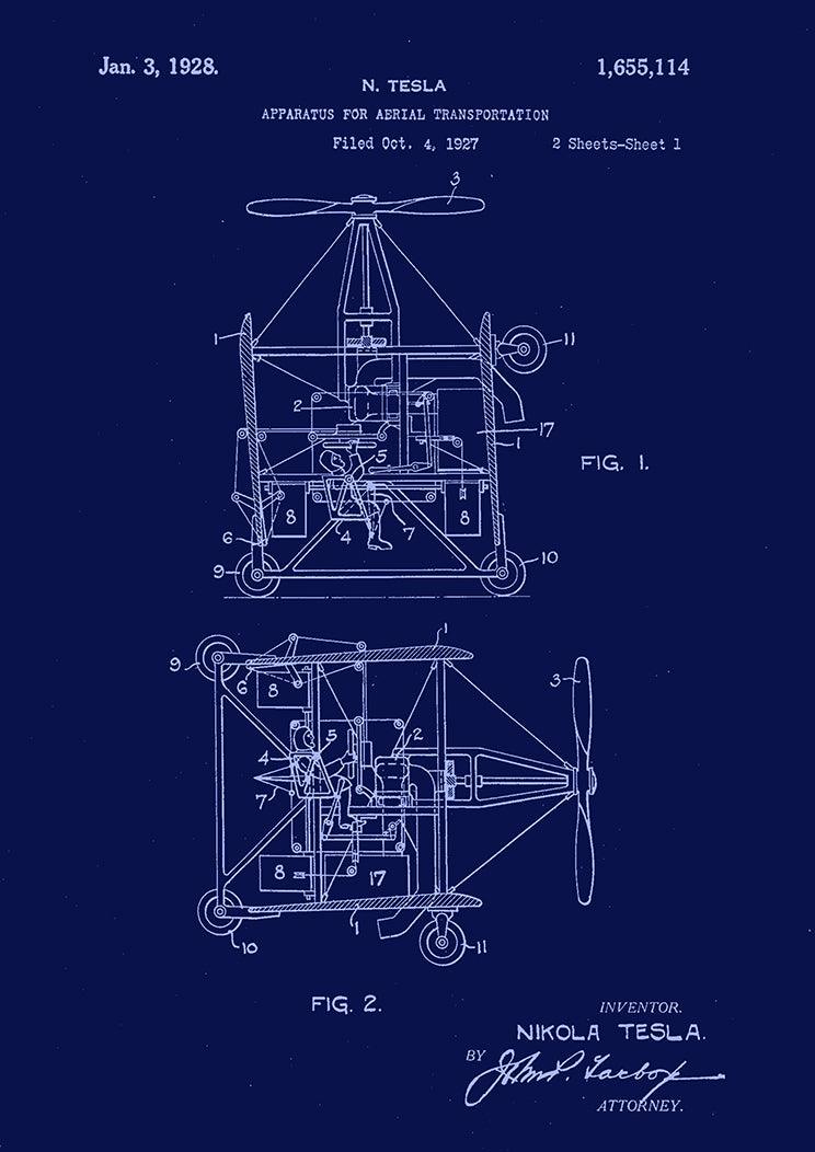 NIKOLA TESLA PATENT PRINT: Flying Machine Blueprint Artwork - Pimlico Prints