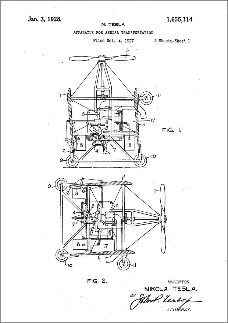 NIKOLA TESLA PATENT PRINT: Flying Machine Blueprint Artwork - Pimlico Prints