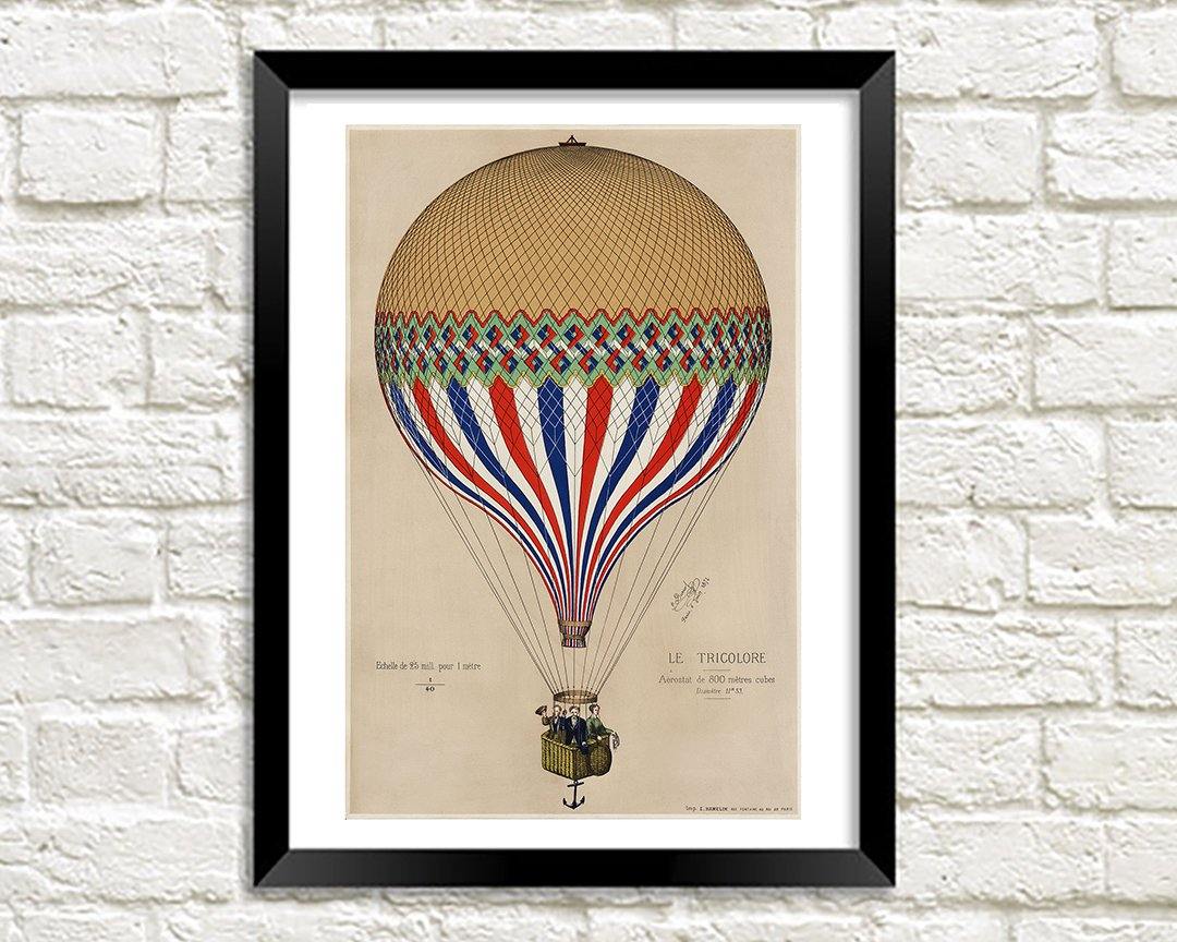 HOT AIR BALLOON POSTER: Vintage Style French Tricolore Art Print - Pimlico Prints