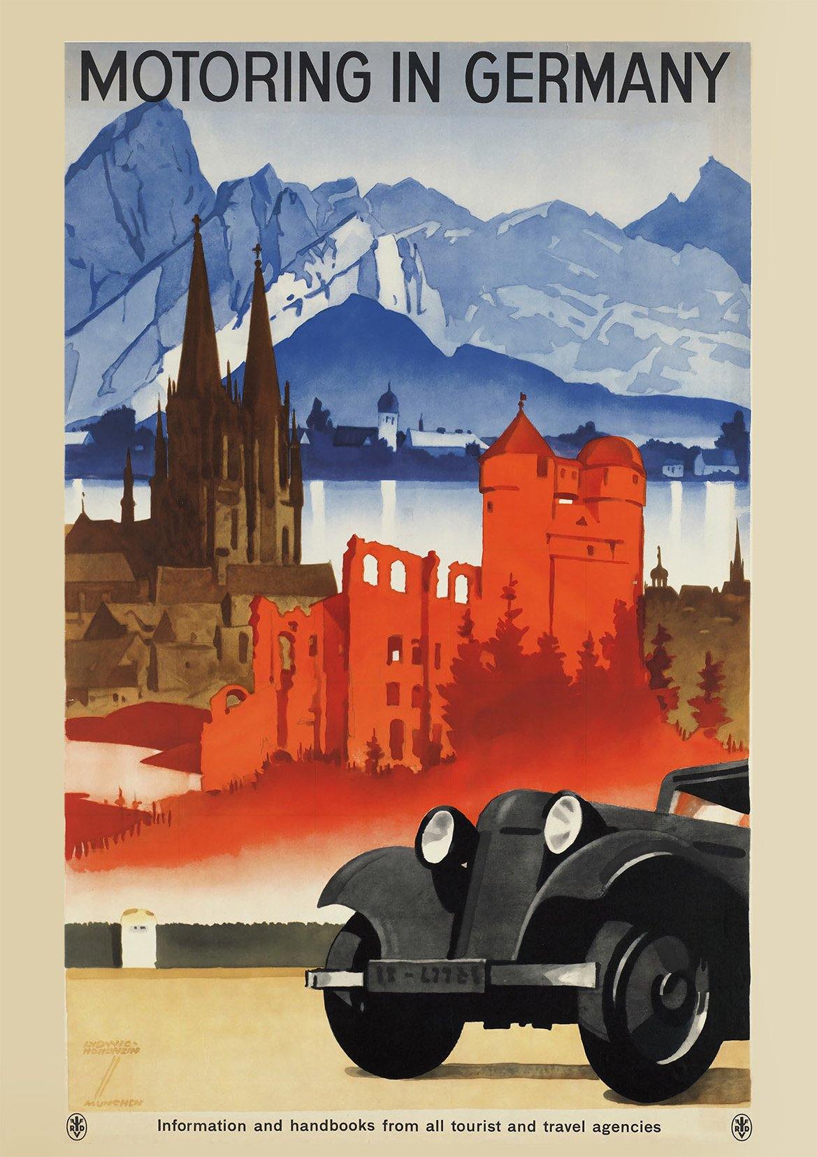 GERMANY TRAVEL POSTER: Motoring in Germany Vintage Tourism Advert - Pimlico Prints