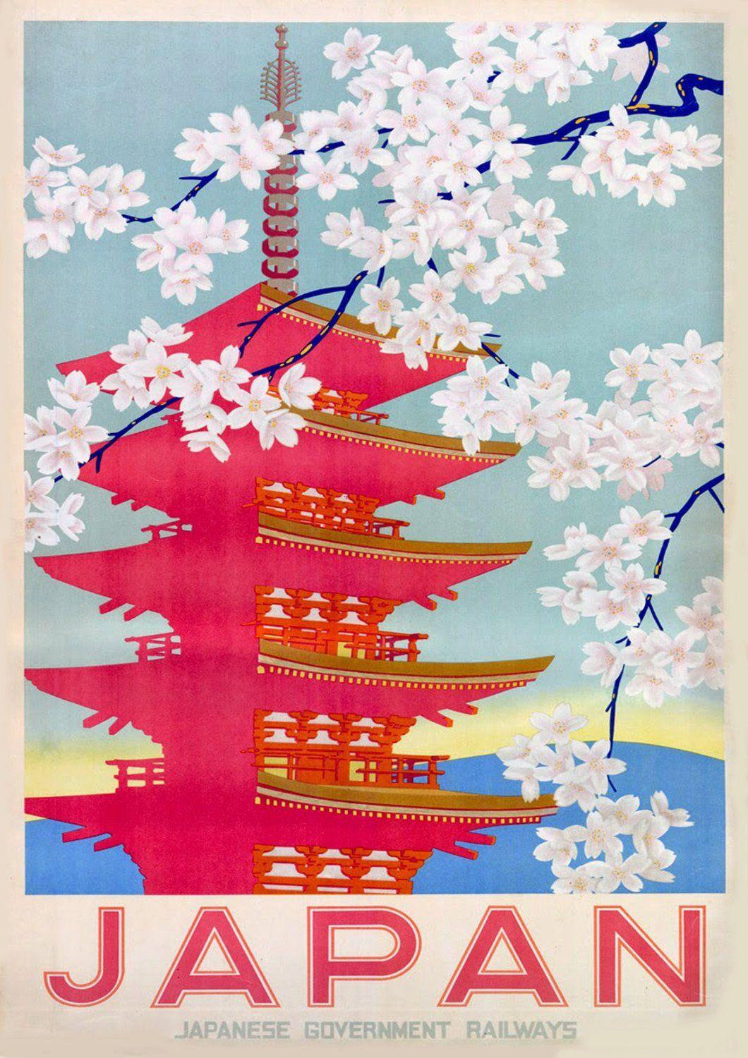 JAPANESE TEMPLE POSTER: Pink Japan Cherry Blossom Print - Pimlico Prints