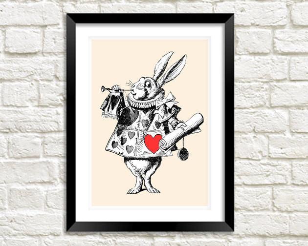 WHITE RABBIT PRINT: Alice in Wonderland Red Heart Herald - Pimlico Prints
