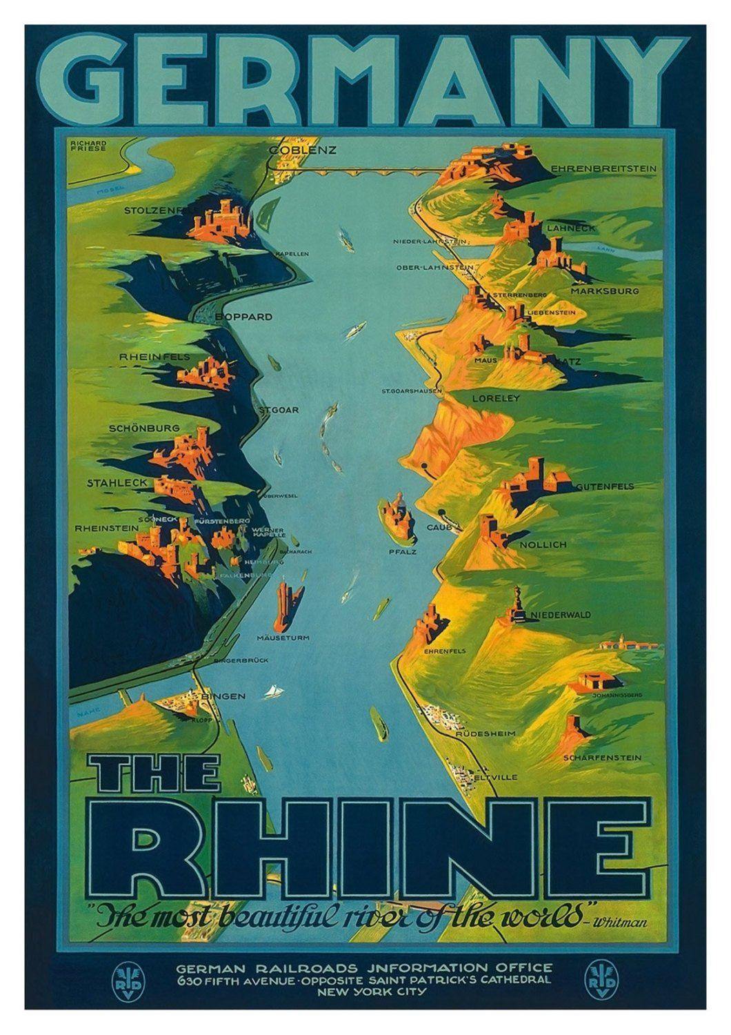 GERMANY TRAVEL POSTER: Vintage Rhine Railway Tourism Print - Pimlico Prints