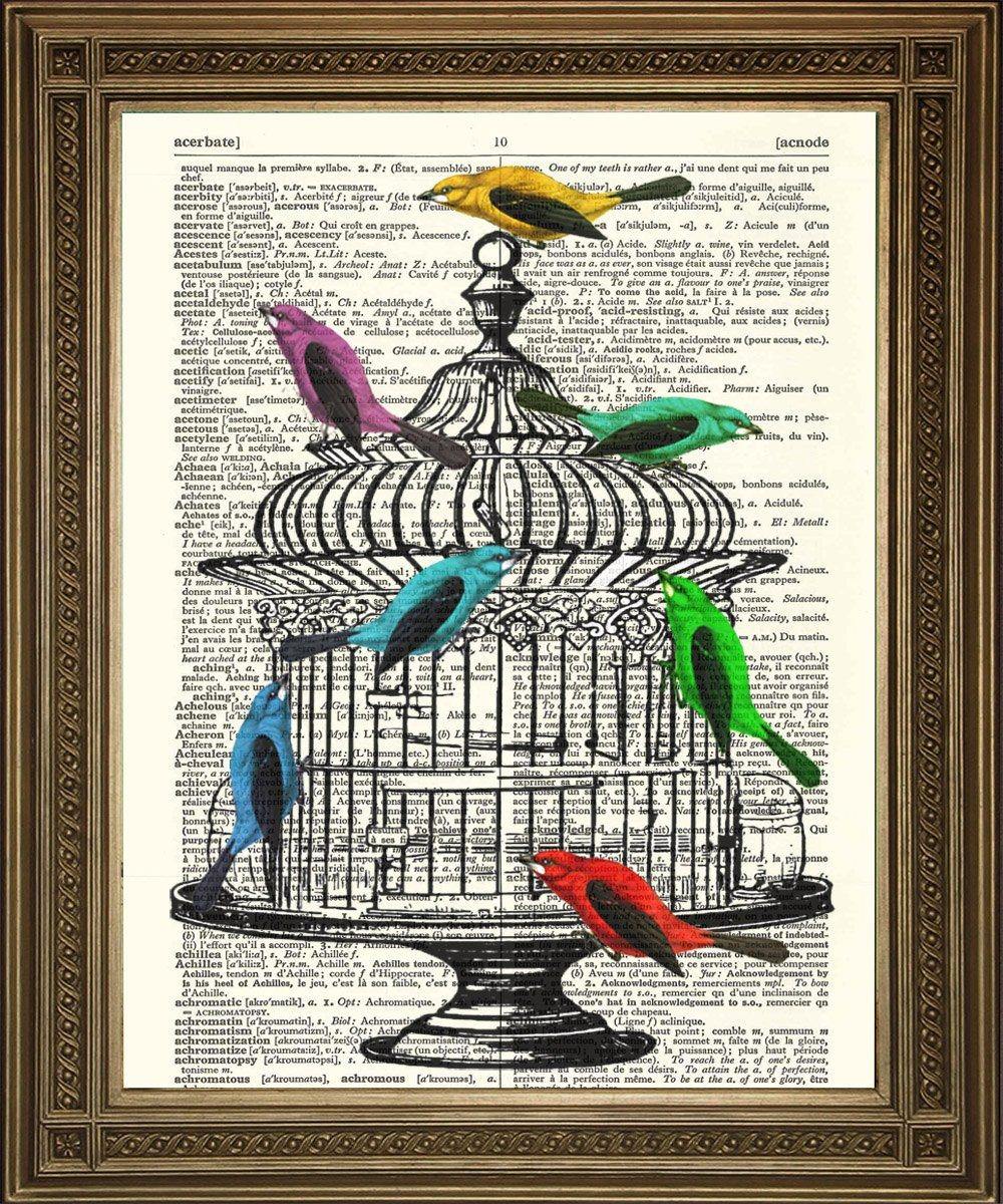 BIRDCAGE & BIRDS: Vintage Dictionary Book Page Art - Pimlico Prints