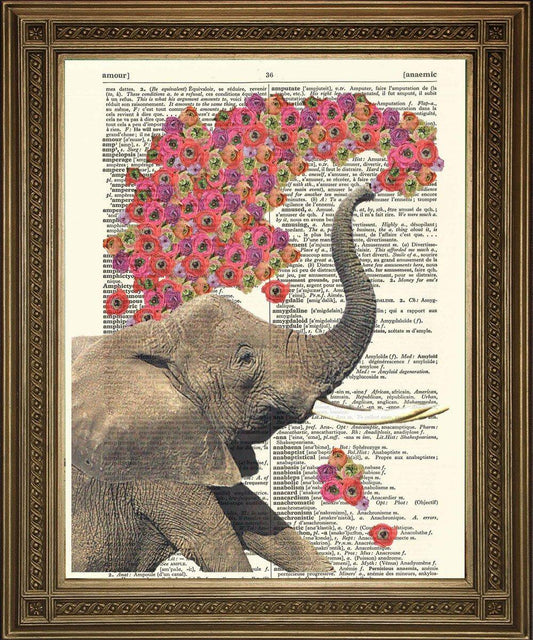 ELEPHANT ART WITH FLOWERS: Dictionary Art Print - Pimlico Prints