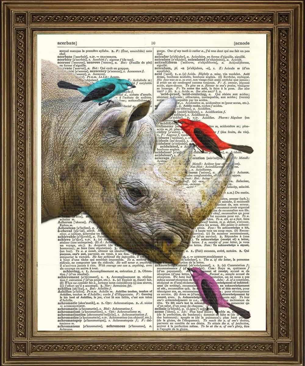 RHINO WITH BIRDS: Animal Friends Dictionary Art Print - Pimlico Prints