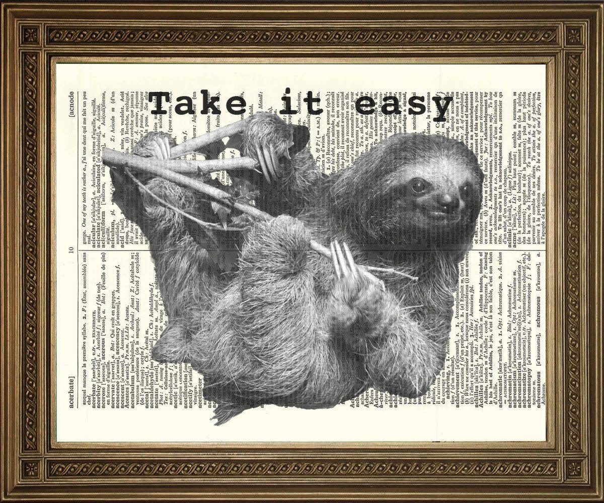 SLOTH ANIMAL PRINT: 'Take It Easy' Dictionary Art - Pimlico Prints