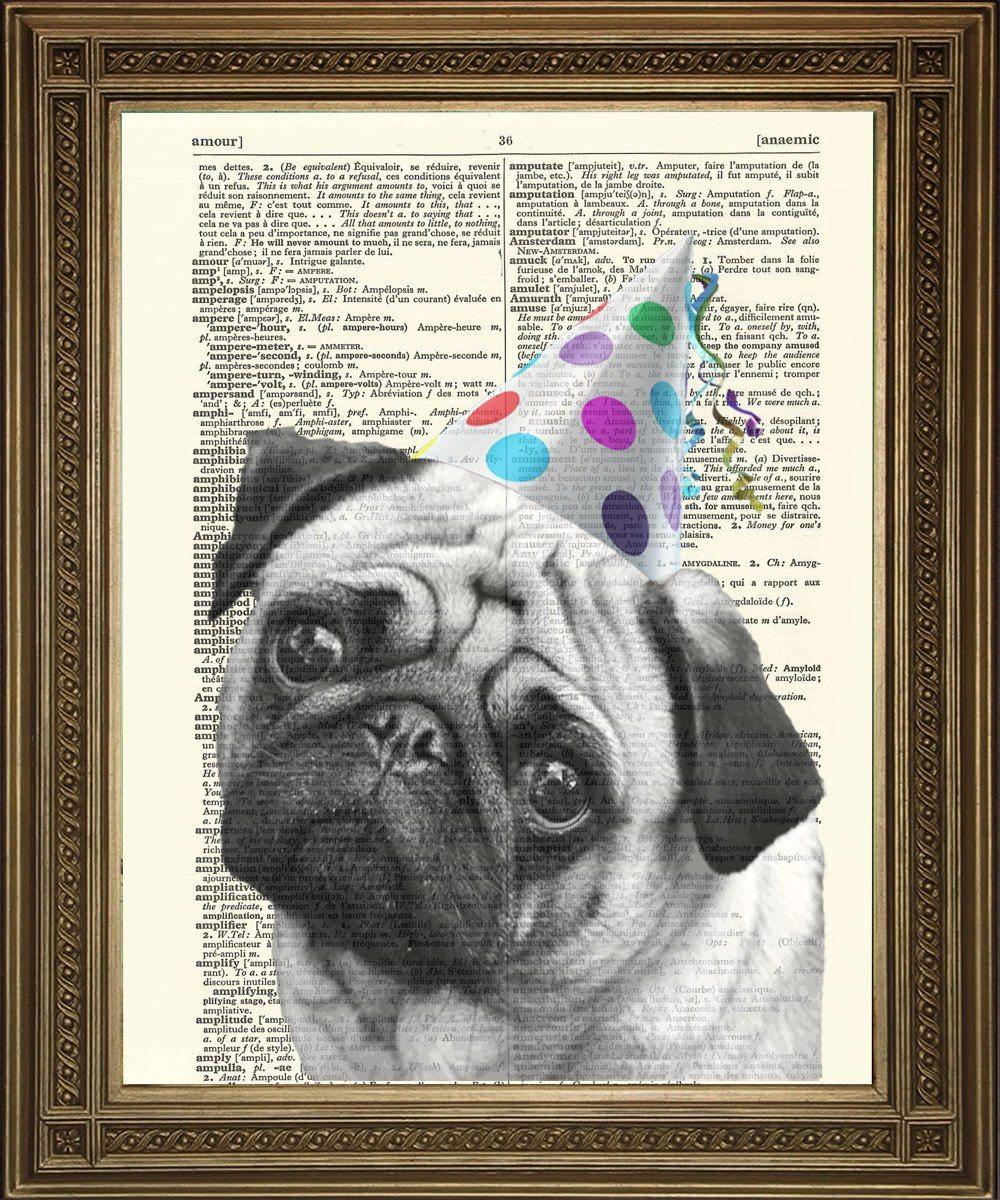 PUG DOG PRINT: Bulldog in Party Hat Dictionary Art - Pimlico Prints
