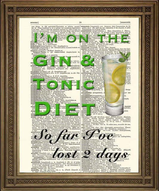 GIN & TONIC DIET: 'So Far I've Lost 2 Days', Fun Vintage Dictionary Print - Pimlico Prints