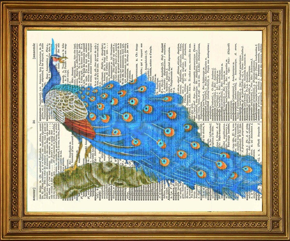 PEACOCK BIRD ART: Vintage Dictionary Print Wall Hanging - Pimlico Prints