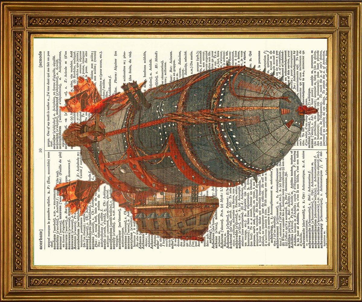 STEAMPUNK FLYING AIRSHIP: Dictionary Page Art Print - Pimlico Prints
