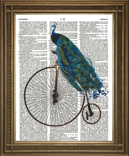 PEACOCK ON PENNY FARTHING: Bird Riding Bike Dictionary Print - Pimlico Prints