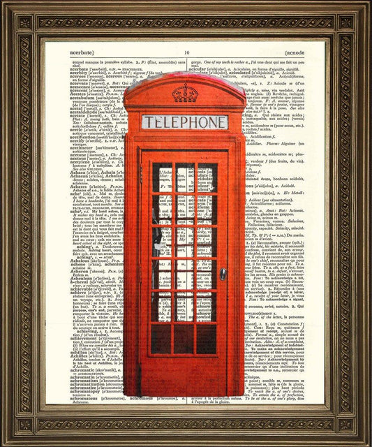 RED TELEPHONE BOX: Traditional British Phone Booth Dictionary Print - Pimlico Prints