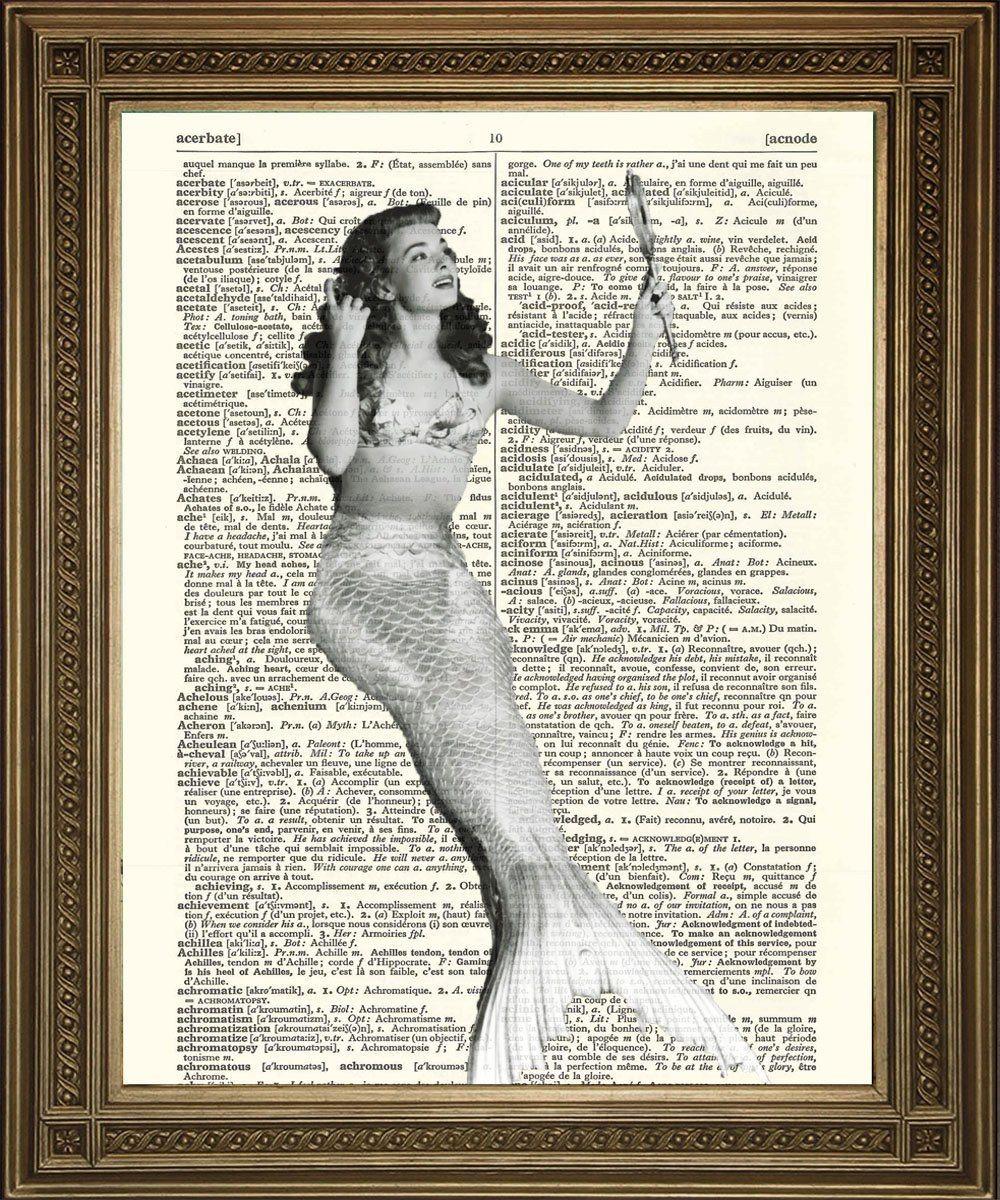 MERMAID ART PRINT: Black and White Lady with Baby, Dictionary Art - Pimlico Prints