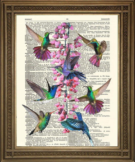 HUMMING BIRDS AND FLOWERS PRINT: Vintage Dictionary Page Art - Pimlico Prints