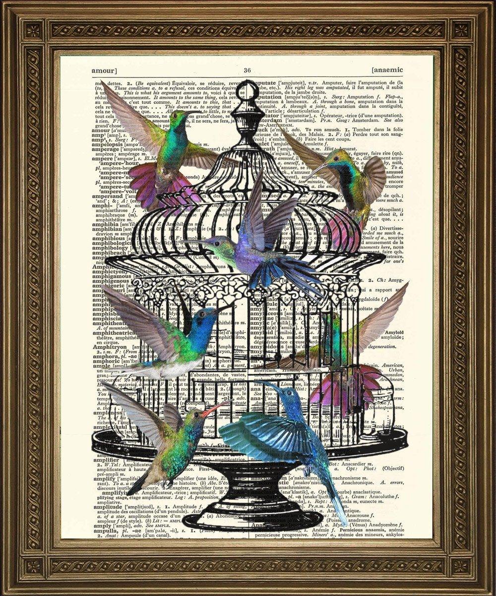 HUMMING BIRDS AND CAGE PRINT: Vintage Dictionary Page Art - Pimlico Prints