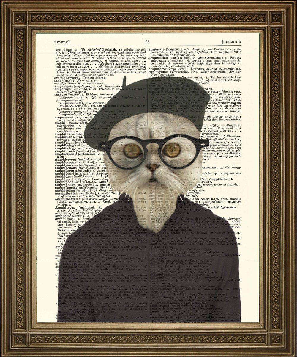HIPSTER CAT PRINT: Fun Beatnik Dictionary Page Art - Pimlico Prints