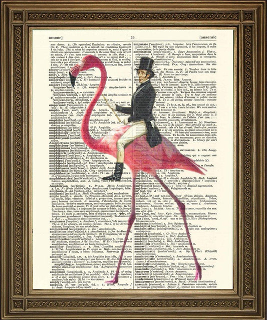 MAN RIDING FLAMINGO: Victorian on Pink Bird Dictionary Print - Pimlico Prints