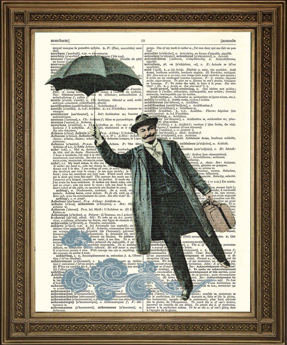 FLYING MAN PRINT: Surreal Frenchman with Umbrella, Dictionary Art - Pimlico Prints