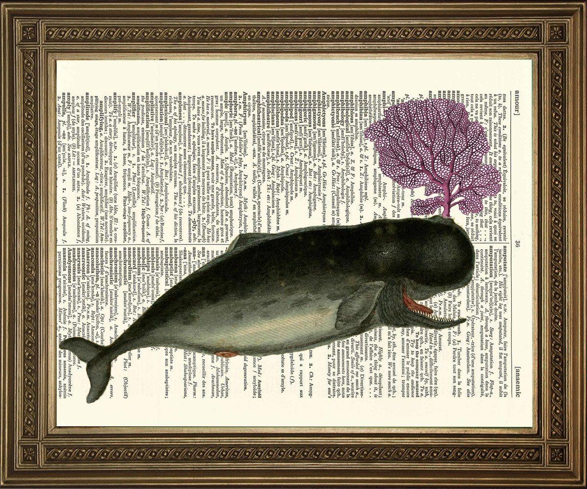 WHALE DICTIONARY PRINT: Leviathan with Spouting Coral / Water - Pimlico Prints
