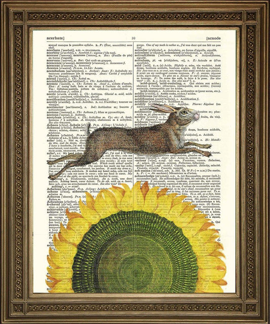 SPRING HARE & SUNFLOWER: Yellow Dictionary Page Art Print - Pimlico Prints
