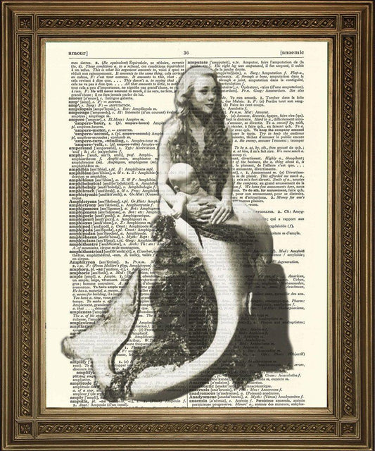 MERMAID ART PRINT: Black and White Lady with Baby, Dictionary Art - Pimlico Prints
