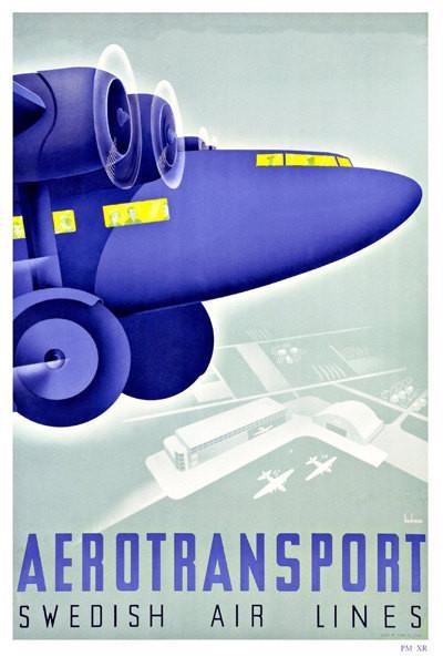 SWEDEN TRAVEL POSTER: Vintage Blue Aeroplane Print - Pimlico Prints